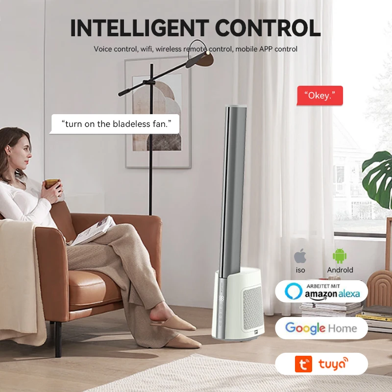 Smart Leafless Oscillating Air Cooling Tower Fan Hot and Cold Dc Motor Electric Bladeless Floor Fan for Living Room