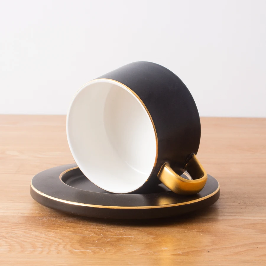 9 oz Custom Gold Handle Elegant Cafe Hotel Ceramic Cappuccino Latte Coffee Cup and Saucer Set with Steel Spoon