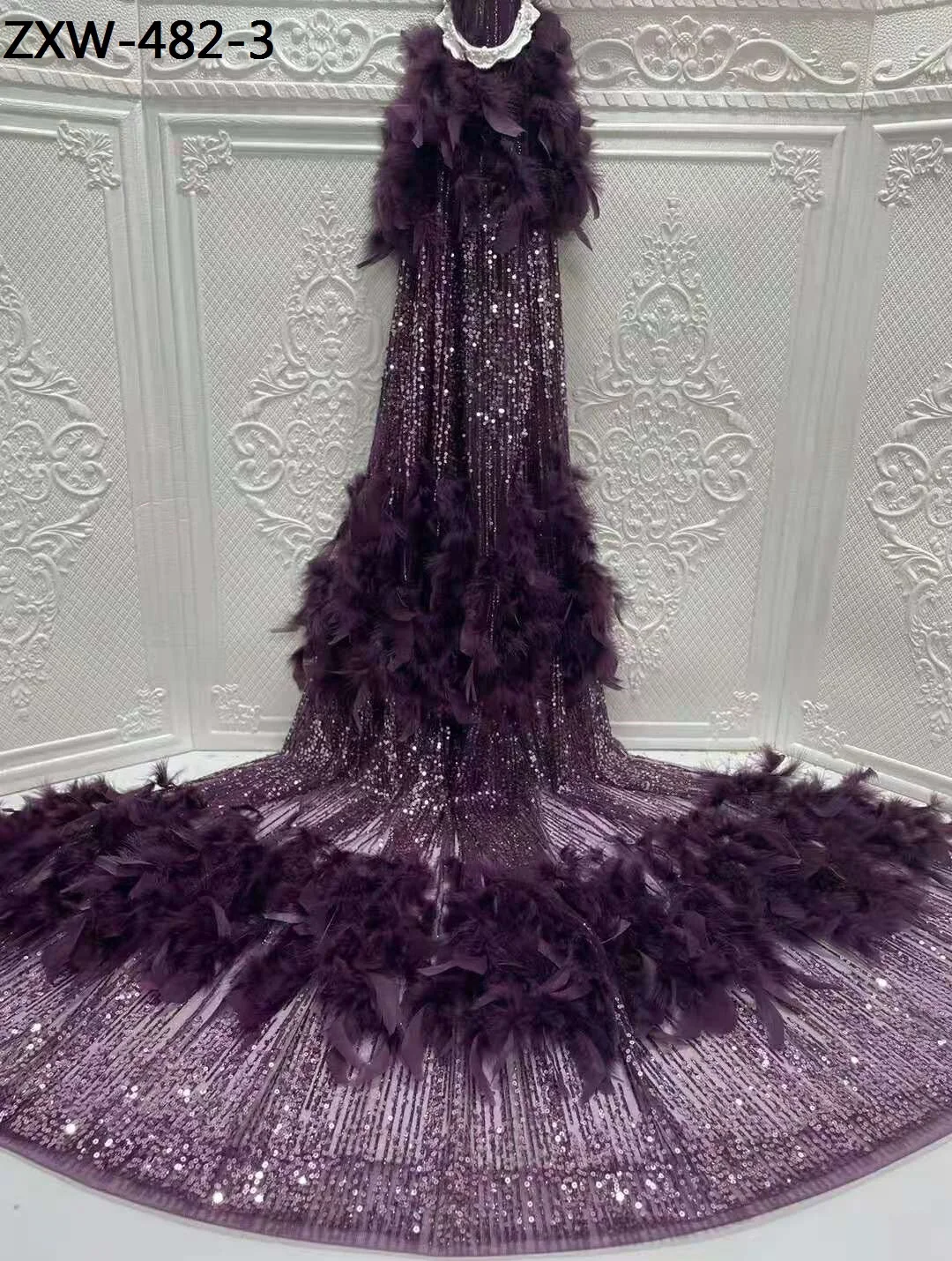 Unique Women Fashion Dress Material Embroidery Mesh 3D Soft Feather Glitter Lace Fabric