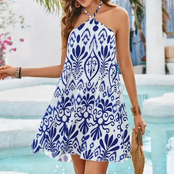 Brand New Allover Print Backless Halter Neck High Quality Women Beach Dress Summer Elegant Sleeveless Dresses