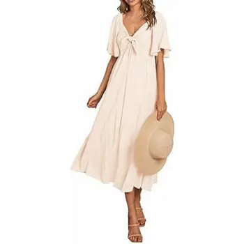 2024 European and American women's clothing spring and summer dress soft bow V-neck pleated midi short-sleeved ladies dress
