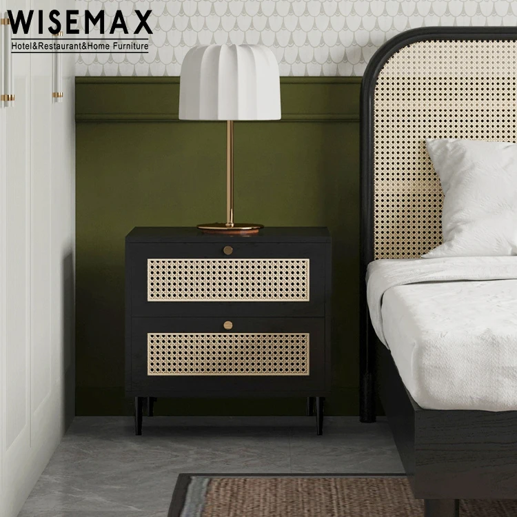 Мебель WISEMAX, лидер продаж, популярная тумбочка, боковой столик из натурального дерева с ротанговым декором, прикроватный столик с двумя выдвижными ящиками