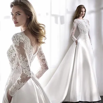 Factory Direct Sale Spliced Lace Satin Modest Long Sleeve Autumn Slim Backless Bridal Sweep Train Wedding Gown