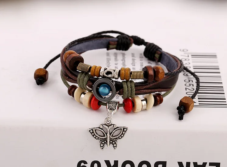 2021 модный Четырехслойный Многослойный кожаный браслет с деревянными бусинами Плетеный ювелирный браслет в стиле панк
