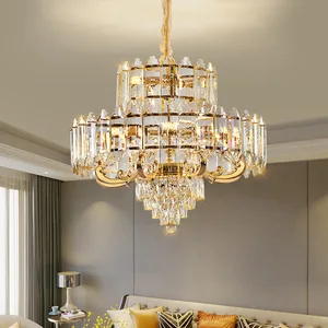 Zeal Lighting Luxury Design Hanging Lamp Living Room Luxury Gold K9 Crystal Ceiling 2 Tier Chandelier