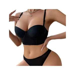 Wholesale Sexy Style Black Women Two-Piece Underwire Bra and Panty Set - Breathable Plain Dyed Adjustable Straps Lingerie