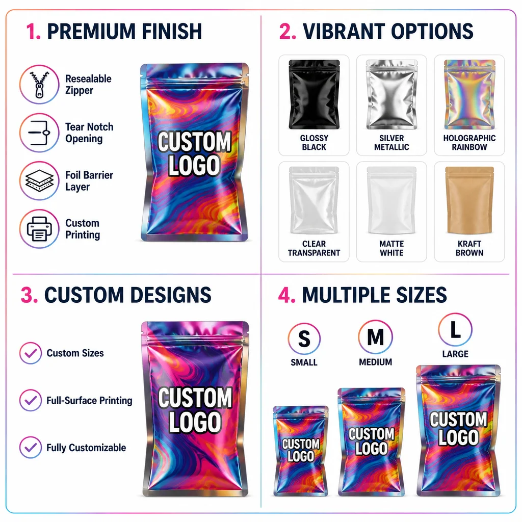 Custom Printed 3.5g Mylar Bags Resealable Zipper Lock Smell Proof Stand up Pouch With Your Logo for Candy Food