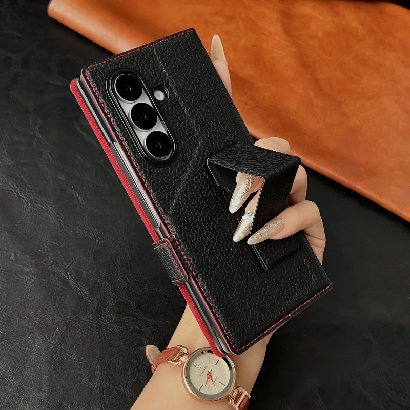 Luxury PU Leather Wallet Card Slots Wrist Strap Stand Case for Samsung Galaxy Z Fold 7 6 5 4 3 2 With Tempered Glass