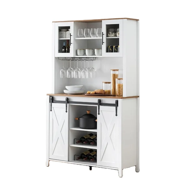 MDF Tall Buffet Cabinet with Storage Shelves Liquor Cabinet with Wine and Glasses Rack Sideboard Cupboard Kitchen Dining Room