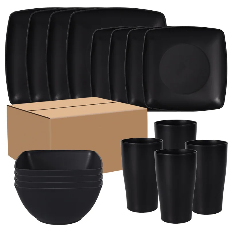 Hot Selling 16pcs Disposable Wheat Straw Plastic Black Dinner Set