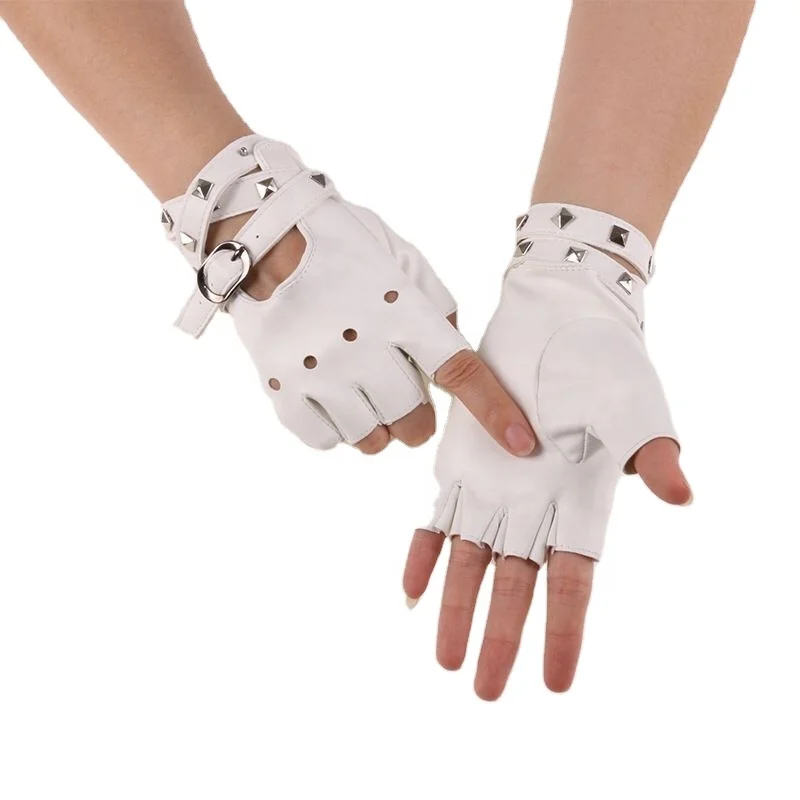 Women Girls Punk Rivets Half Finger Gloves