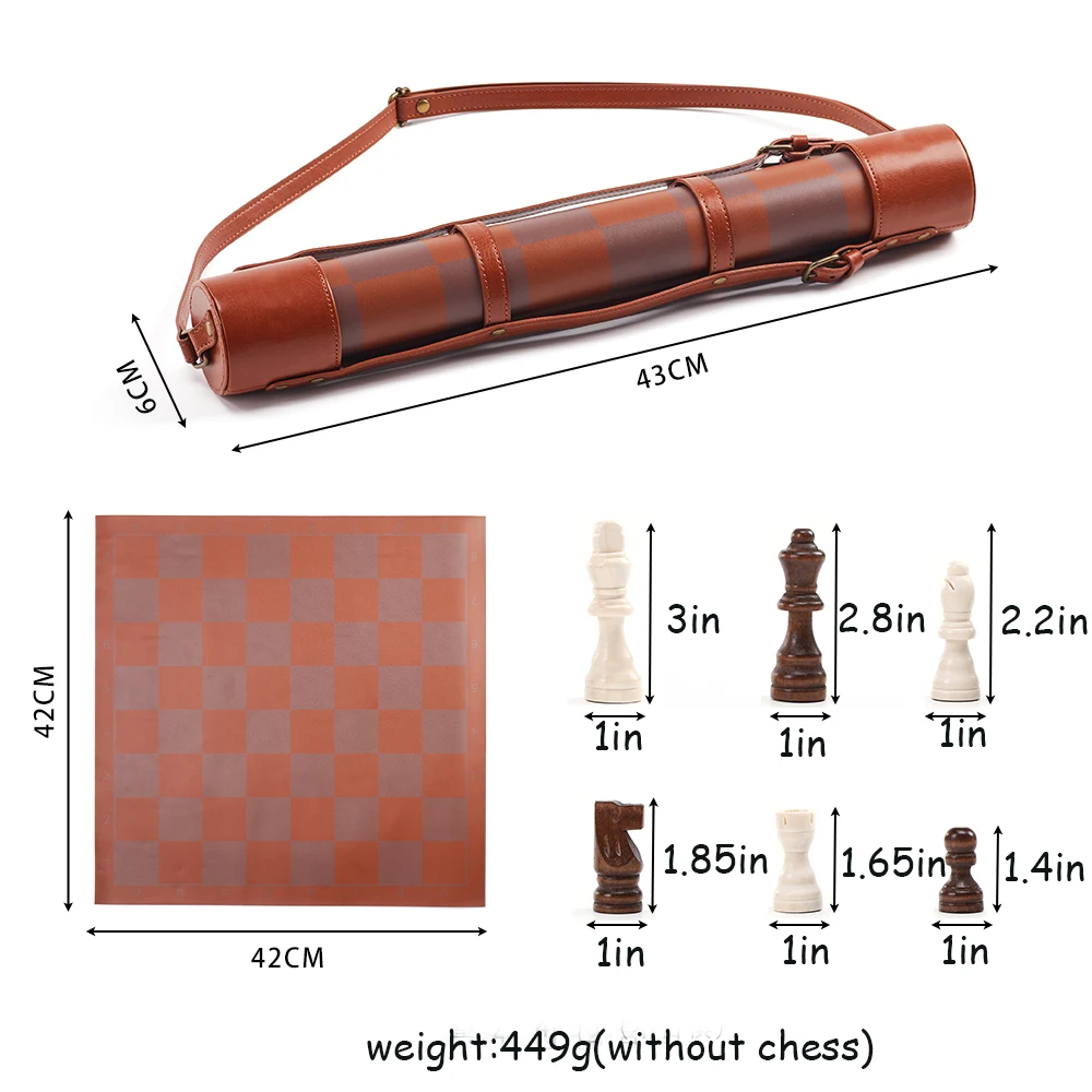 Custom Leather Tournament Chess Board Game Bag Professional Portable Luxury Travel Roll up Chess Set with Shoulder Strap