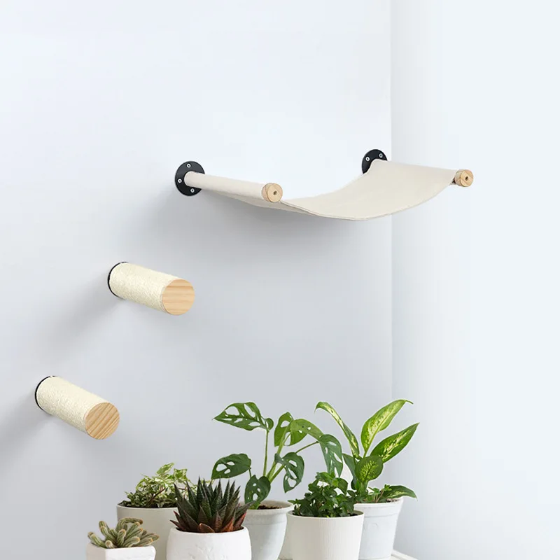 Wooden Cat Wall Shelves With Hammock Wall Mounted Sisal Cat Scratching Post Toy Cat Shelves And