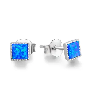 Rhodium Plated 925 Silver Square Opal Studs Created Synthetic Opalite Prism Effect Push Back Hypoallergenic Lightweight Earrings