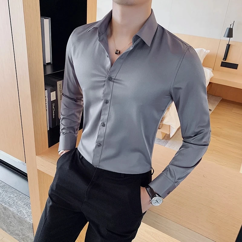 British Style New Solid Shirt Men Long 