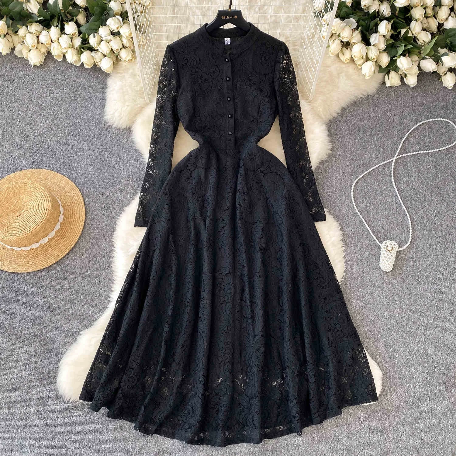 Autumn Stand Collar Long Sleeve Lace Dress - Women's Fashion