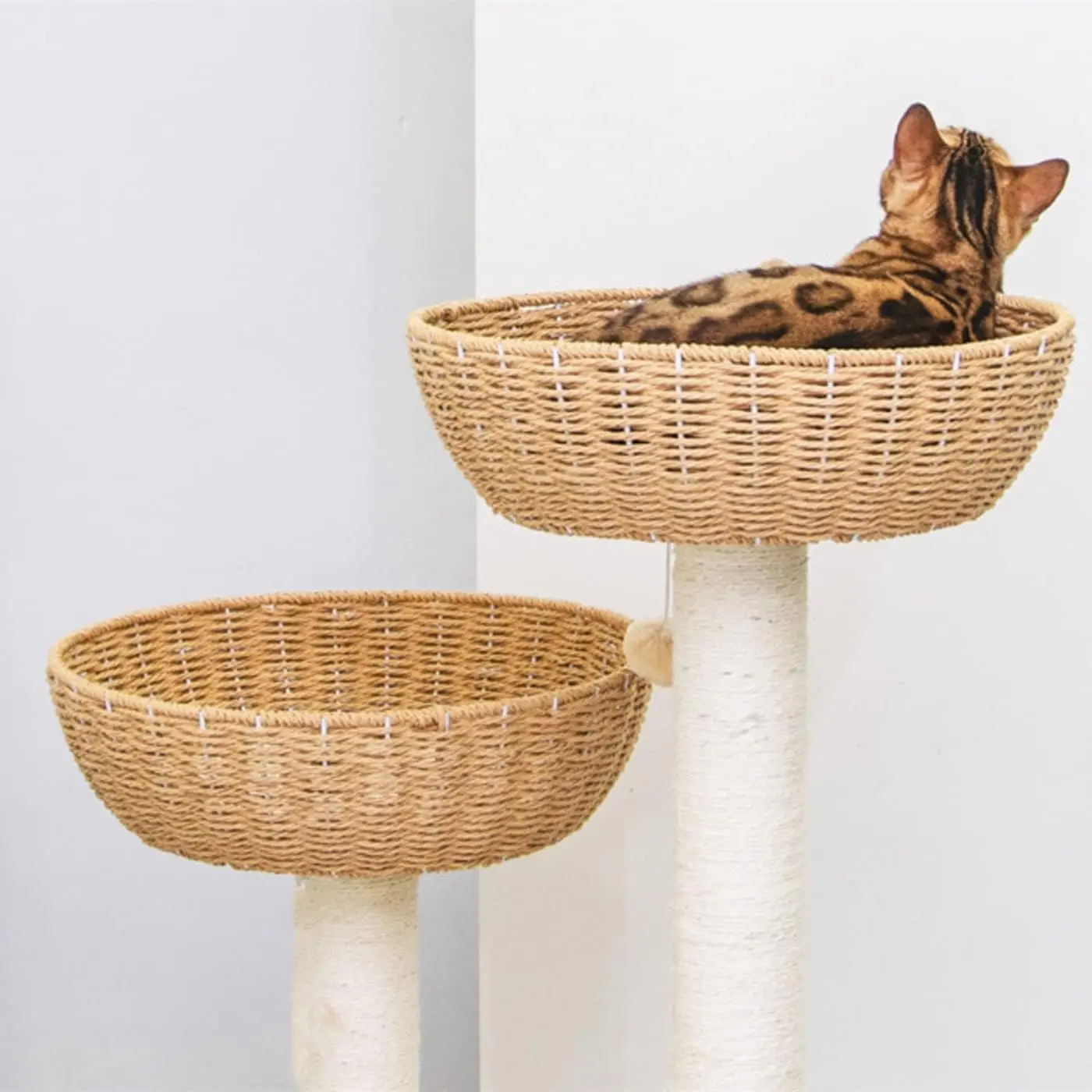 2-Pack Modern Cat Tower Tree Accessories Fiber Replacement Part Basket Bed Handwoven Wicker Rattan Cat Nest Bowl Bed Soft Cave