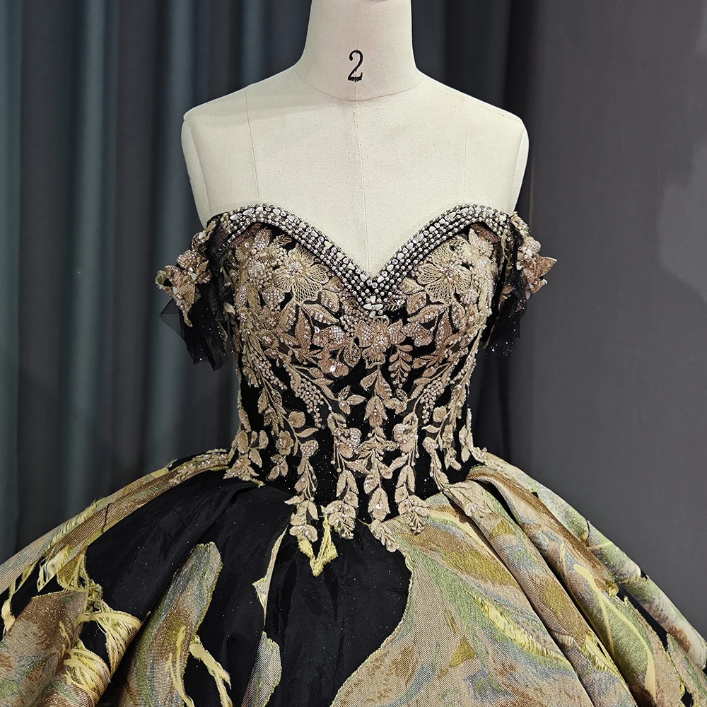 Wholesale Sequin 3D kirt Puffy Black Quinceanera Dresses Floor Length Ball Gown Gold Flowers,1 Piece