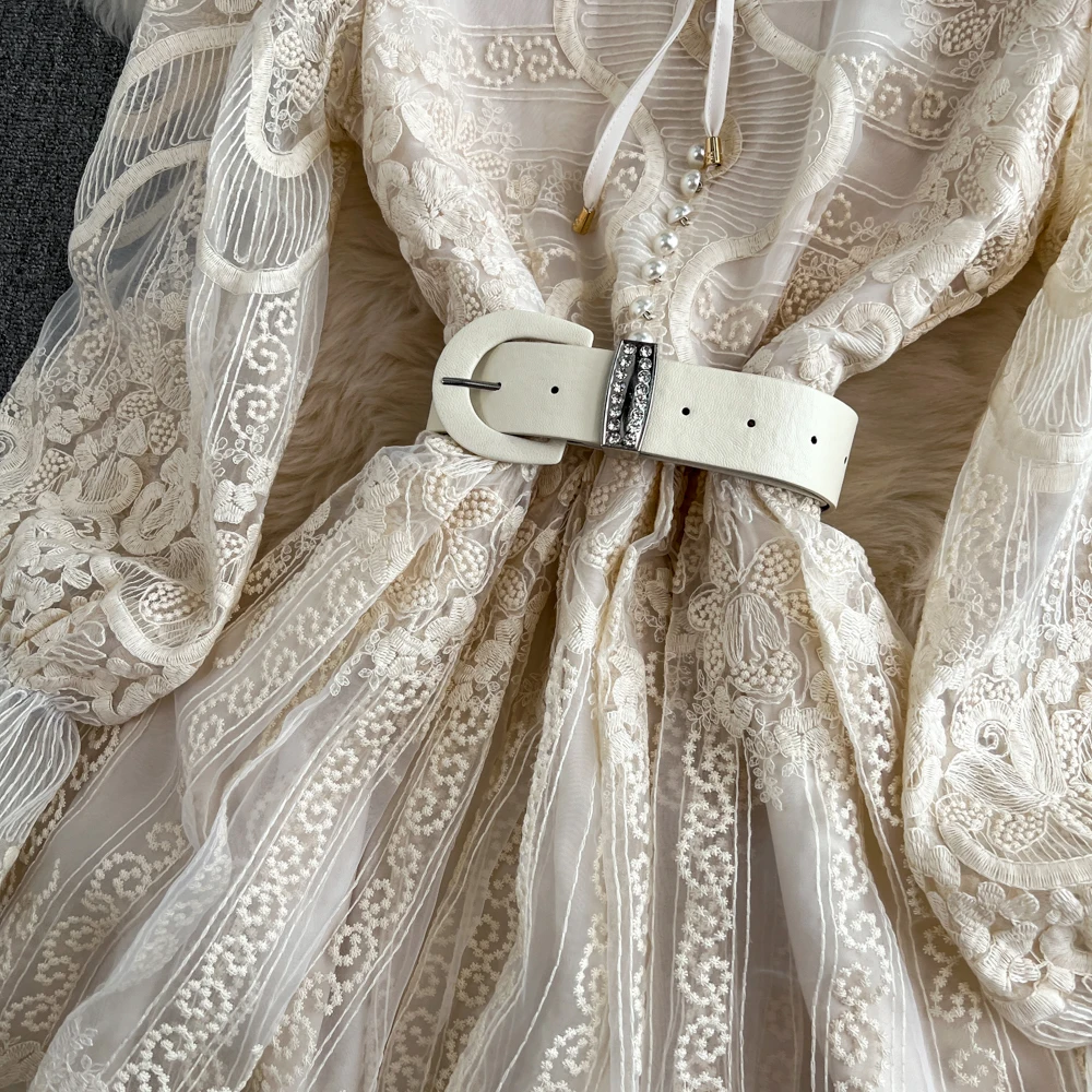 Party Dresses Vintage LW1346 Heavy Embroidered Lace Dress With Ruffle Trim  - Elegant Retro Style Casual Women'S Dresses