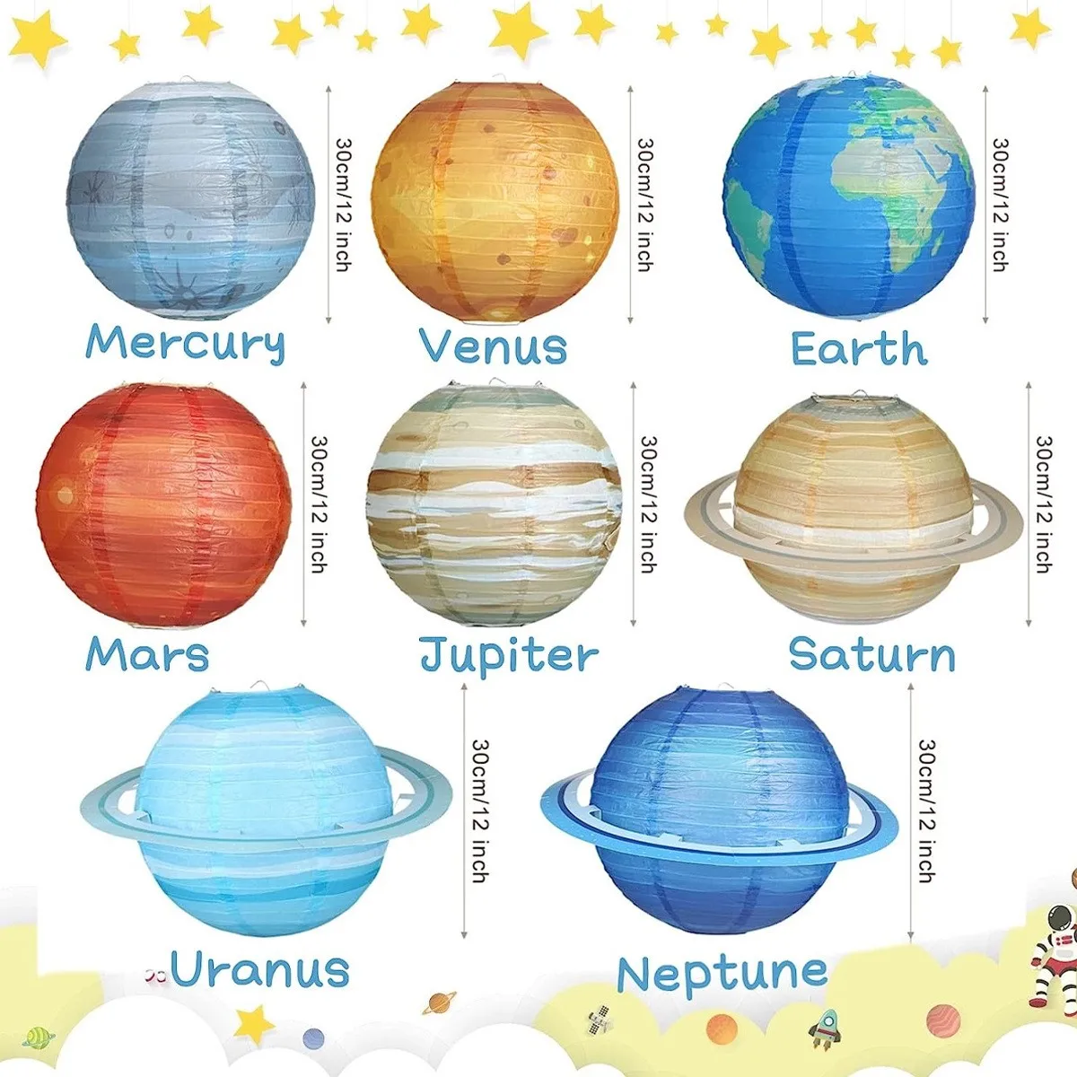 8 Lanterne Di Carta Pianeti - 25 Cm, Sistema Solare - Per Decorazioni