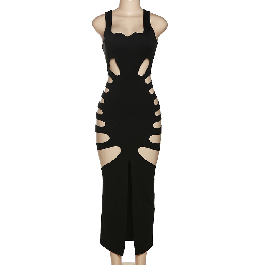 Sexy Black Slim Party Dress Side Split Skinny Hollow Out Dress Elegant  Women Casual Dresses