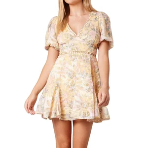 New 2026 Yellow Floral Fit and Flare V-Neck Short Sleeve Women Summer Casual Dresses