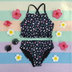 2026 Trending Cross-Back Ruffle Hem Ditsy Floral Print Quick-Dry Breathable Waist Girls' Two-Piece Swimsuit for Beach Pool