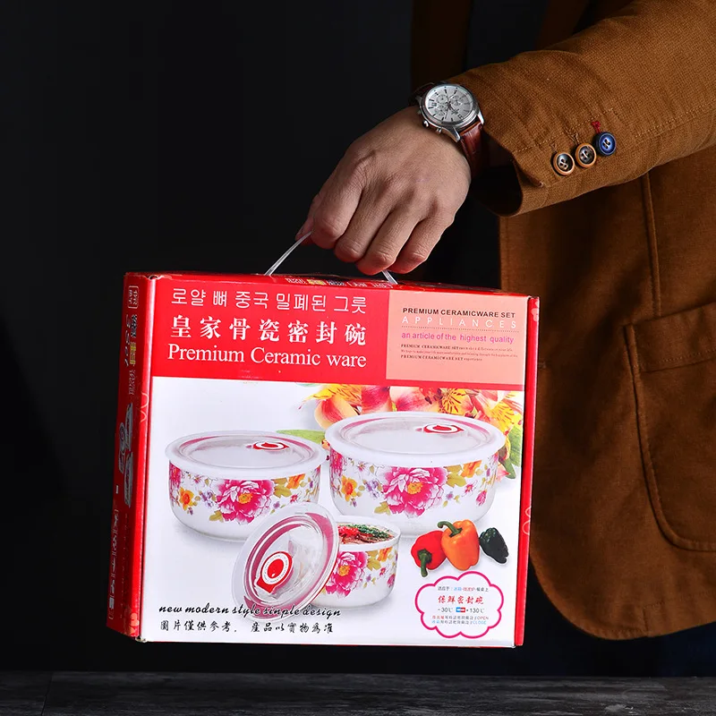 Custom Printed  Ceramic  Bowl 3 Set Microwave Safe Storage Food Container Fruit Serving Fresh Seal Bowls Noodle Bowl with Lid