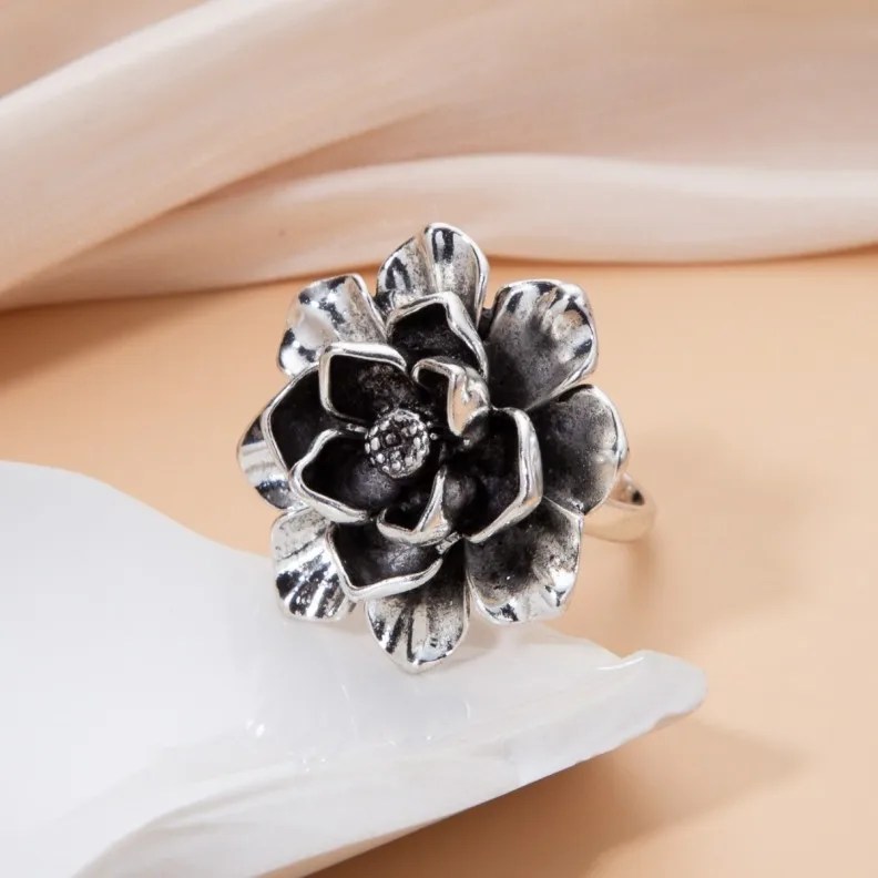 Fashion Vintage Customize Versatile Accessory 14k Solid Rose Gold Flower Adjustable Opening Ring for Women
