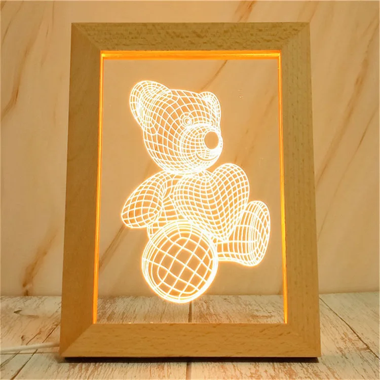 High Quality Customized 5V USB Powered Wooden LED Photo Frame 3D Night Light With Blank Acrylic Sheet