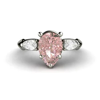 Customized Sparkling 10*7mm Pear Cut Pink Moissanite Engagement Three Stone Ring