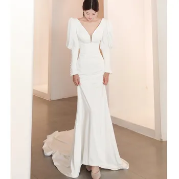 Elegant Clean Fit Flare Gown Long Sleeves Vintage Long Sleeve Satin Wedding Gown For Bridal Simple Wedding Dresses