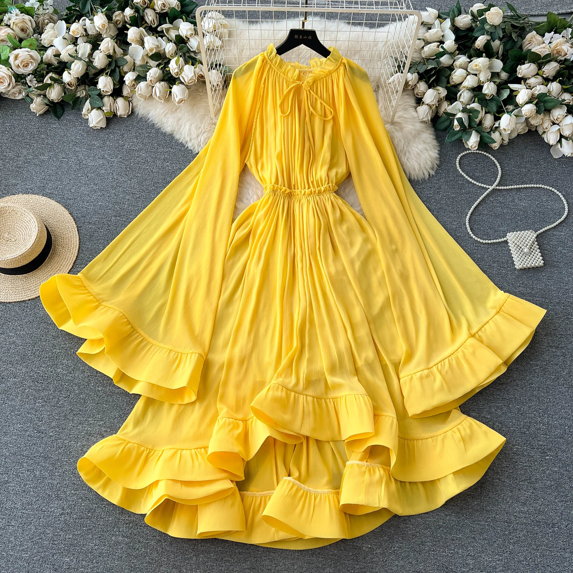 LE2638 Cape-Style Women'S Gown Luxury Retro High Fashion V-Neck Lace-Up  Trumpet Sleeves Peplum Temperament Long Casual Dresses