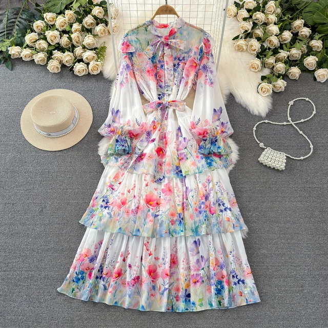 LE1924 Spring Gentle Chiffon Floral Print Dress Vintage Bow Lace-Up Lantern Long Sleeve Cake Dress Holiday Ladies Maxi Dress