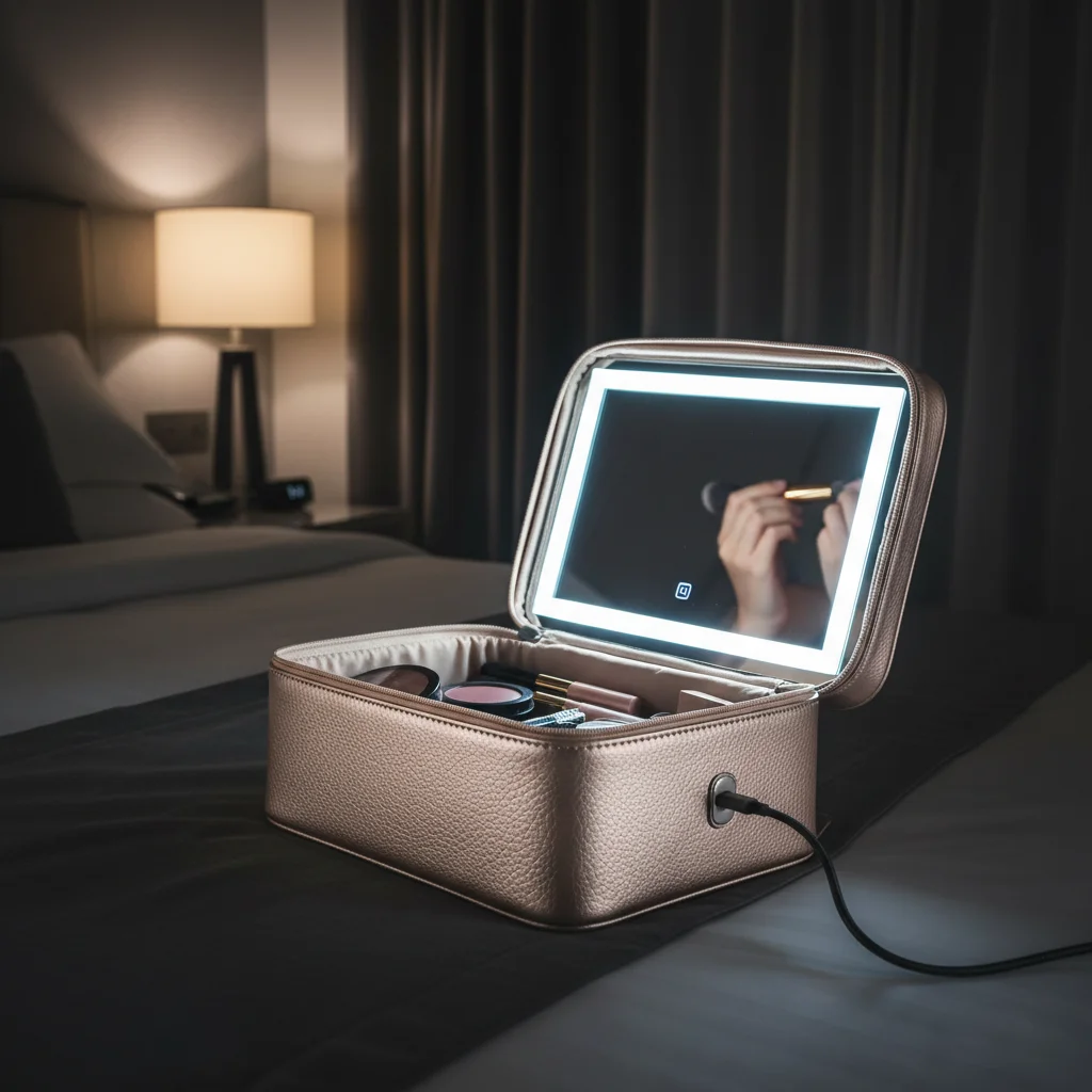 Smart PU Leather Cosmetic Bag with LED Mirror for Travel Makeup Touch up 1 Smart PU Leather Cosmetic Bag with LED Mirror for Travel Makeup Touch up