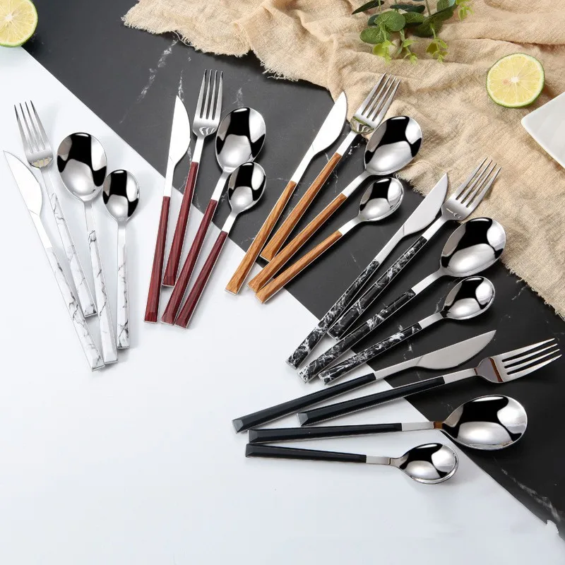 Black Marble Handle Flatware Set 24pc Stainless Steel Cutlery Set Service for 4