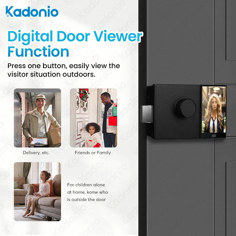 Kadonio WIFI Control Automatic Fingerprint Password Keyless Camera Door Bell Digital Smart Rim Lock With Display Screen