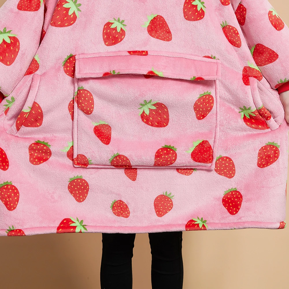 Black Strawberry Family Matching Flannel Oversize Wearable Hoodie Blanket Sweatshirt main image 1