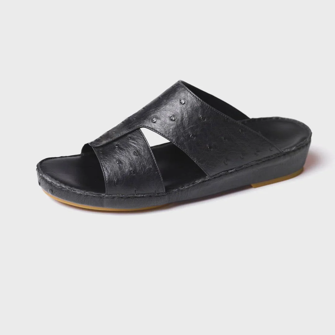 SHIKOL Jet Black Exotic Classic Ostrich Leather Sandals Italian Premium  Gulf Arab slippers for Men Handmade Arabic Sandals Dubai - Main Image