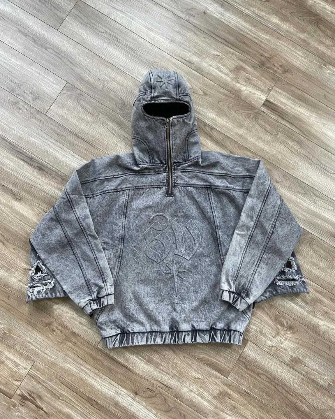 Salati Clothing Manufacturer Y2K Pullover 3D Embossed Distressed Stone Faded Acid Wash Balaclava Ninja Mens Hoodie Sweatshirt gallery 2