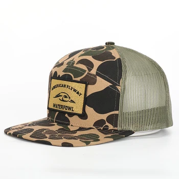 Wholesale OEM Custom High Quality 7 Panel Cotton Twill Embroidery Patch Logo Mesh Snap Back Camo Snapback Trucker Cap Hat