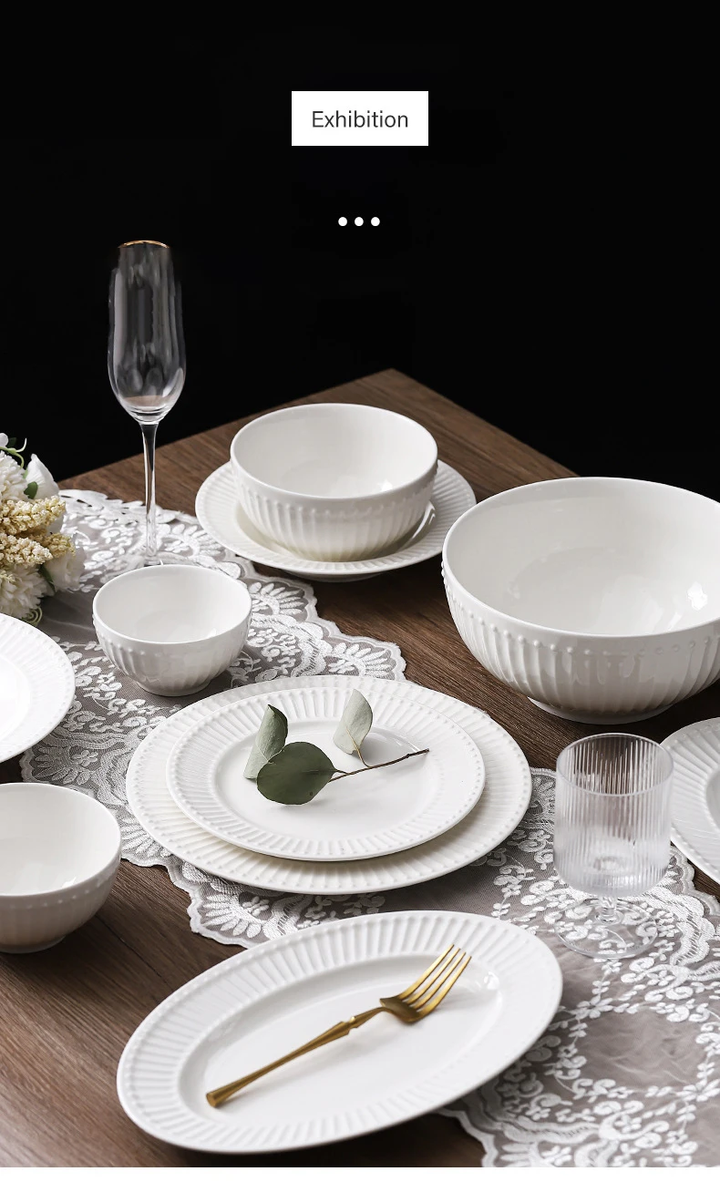 Nordic Simple Embossed Home Restaurant Hotel Ceramic White Dinner