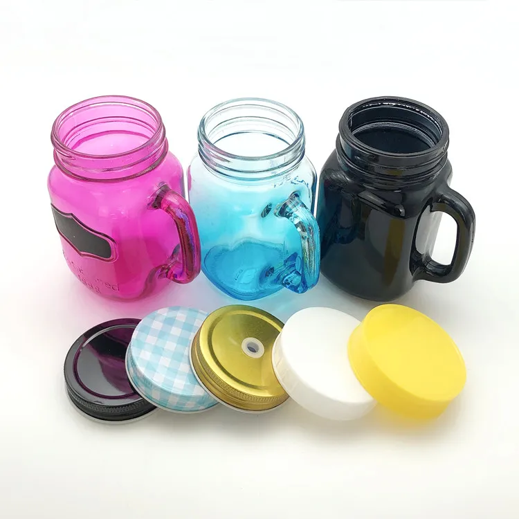 Color Jar 450ml 16oz Spray Color Glass Mason Jar For Drinking With Handle And Lid ...