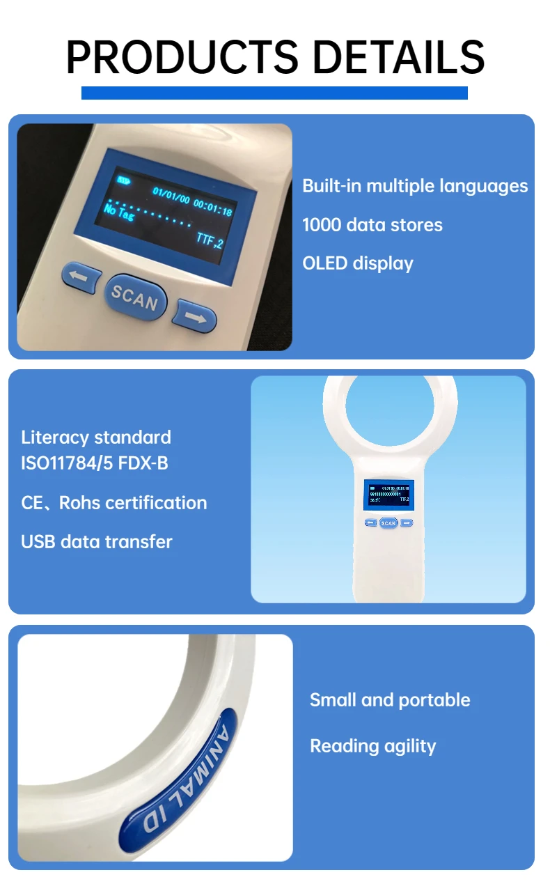 Handheld RFID Microchip Reader with ISO11784/5 FDX-B Standard 1000 Data Storage and 3 AA Battery Power