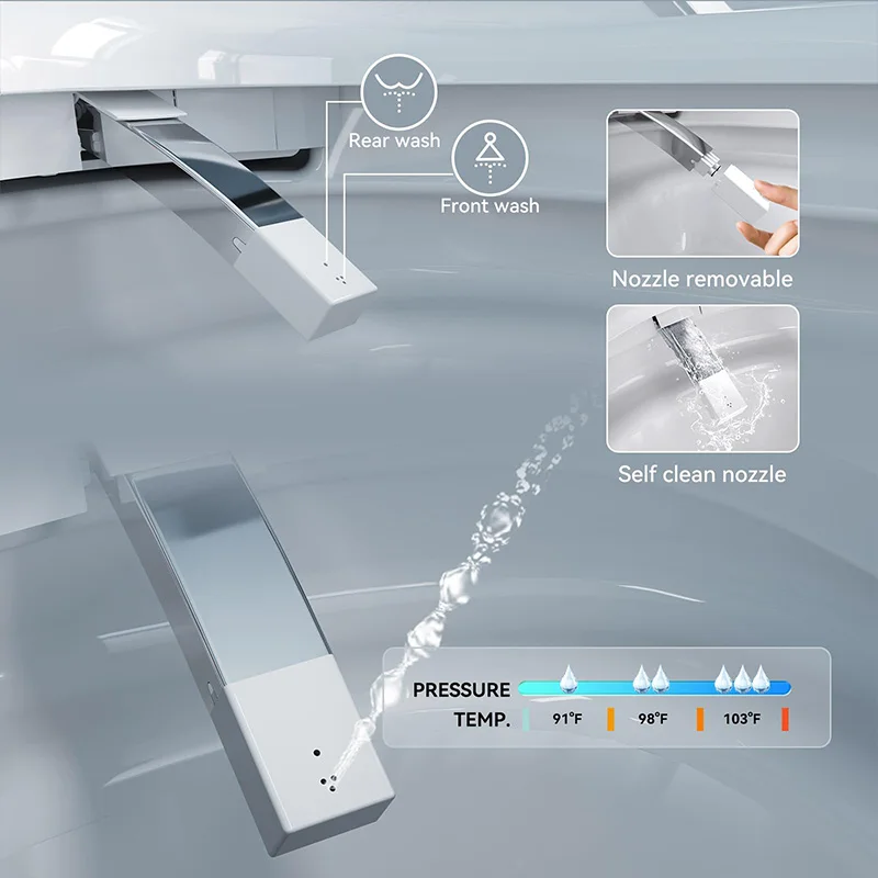 Lussuoso WC allungato con bidet intelligente, doppio risciacquo, apertura e chiusura automatica, sedile riscaldato, scarico a parete, bianco