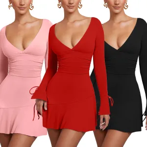Wholesale Solid Slim v Neck Ruched Black Short Vestidos Sexy Ruffle Long Sleeve Dress Women Casual