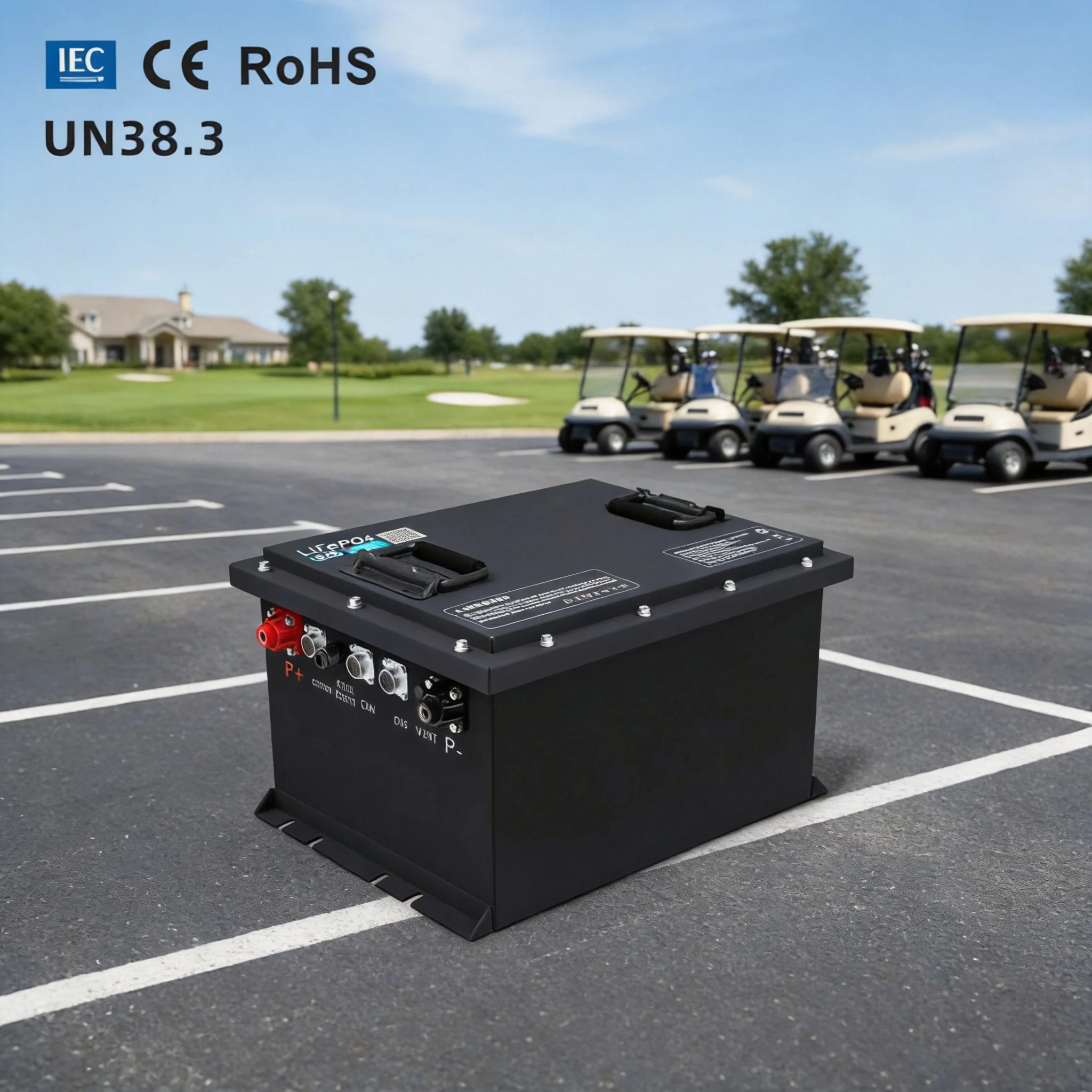 hluboký cyklus lithiové baterie LiFePO4 pro golfové vozíky, 51,2 V / 48 V, 105 Ah, s Bluetooth a inteligentním BMS, stupeň krytí IP67, 6000 cyklů