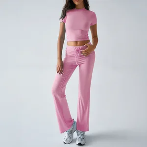 Autumn Winter Casual Fashion Solid Color Sports Fitness Gym O-Neck T-shirt & Pants Set Sport Fitness Elastic Waist for Women