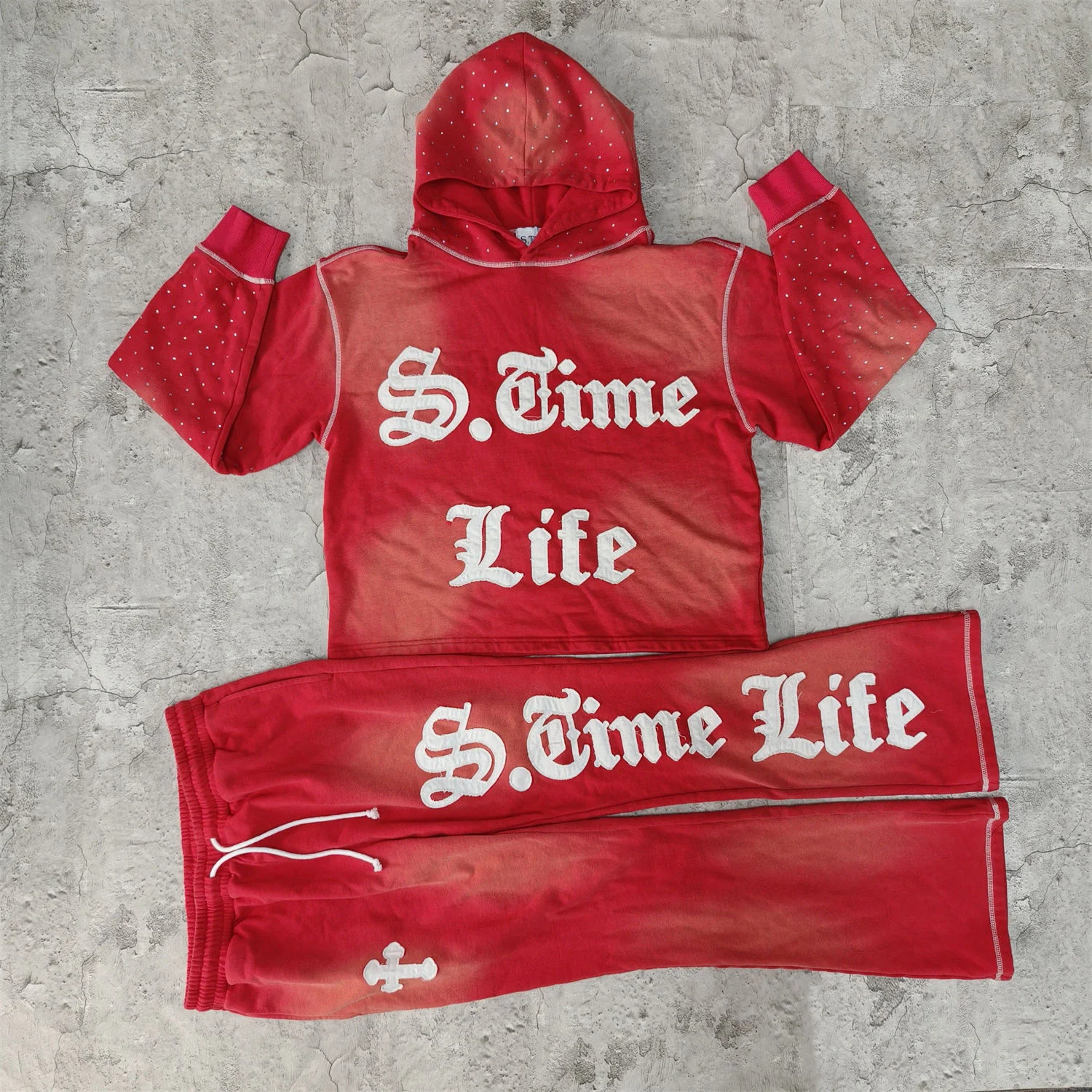 US Free Tax Custom Sticker Embroidery Distressed Patches Logo Streetwear Vintage Sun Faded Hoodie Sets Tracksuits for Men