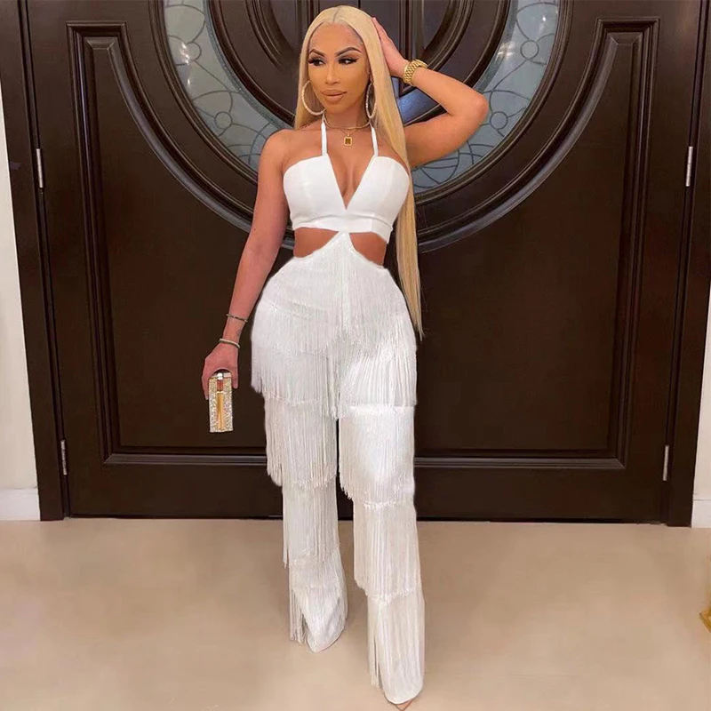 Sexy Club Jumpsuit for Women Clubwear Elegant Overalls White Tassel Halter  Backless Jumpsuit Women Party Romper One Piece Outfit